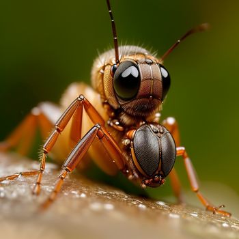 close up of a bug on a leaf with drops of water on it's face and eyes