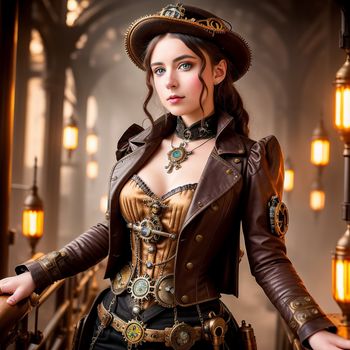 woman dressed in steampunk clothing and a hat with a steampunk collar and collared jacket