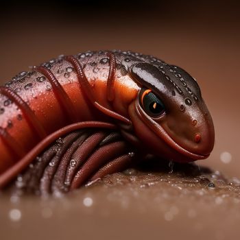 close up of a red and brown caterpillar on a brown surface with water droplets on it