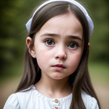 little girl with a white headband and a white dress is looking at the camera with a serious look on her face