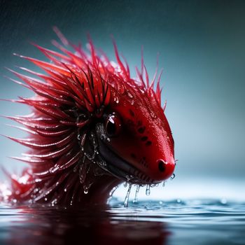 red animal with spikes on its head in the water with drops of water on its body and head