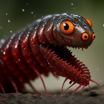 close up of a red and black insect with orange eyes and a body of water droplets on it