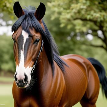 brown horse with black mane standing in a field of grass and trees in the background