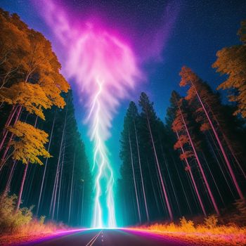 road with a lightning bolt in the middle of it and trees in the background at night time with a bright light