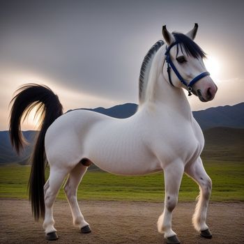 white horse standing on top of a dirt field next to a mountain range at sunset with a blue bridle