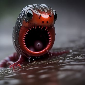 toy with a mouth open and a tongue out in the water with a black background and a white dot