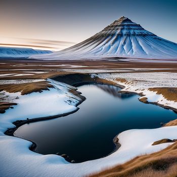 mountain with a lake in the middle of it and snow on the ground around it and a mountain in the background