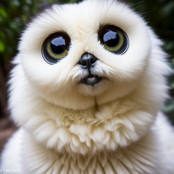 white stuffed animal with big eyes and a black nose and nose ring