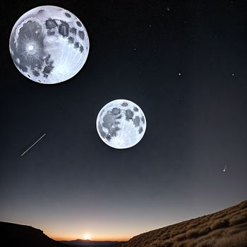 two moon like objects are flying in the sky above a desert landscape at night with a bright sun in the distance