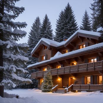 large wooden house with a lot of windows and lights on it's windows and trees in the background