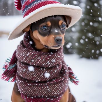 dog wearing a hat and scarf in the snow with a scarf around its neck and a scarf around its neck