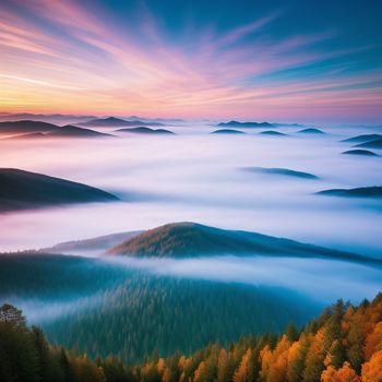 mountain range covered in fog and trees at sunset with a colorful sky above it and a colorful forest below