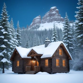 cabin in the snow with a mountain in the background at night time with a full moon and stars