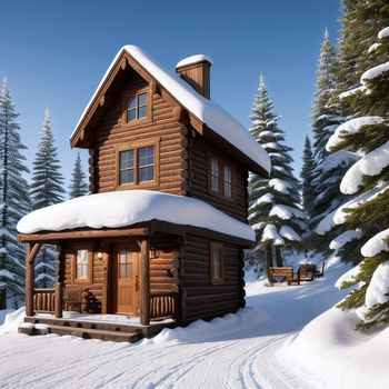 log cabin in the snow with a porch and a covered porch area with benches and a tree in the background