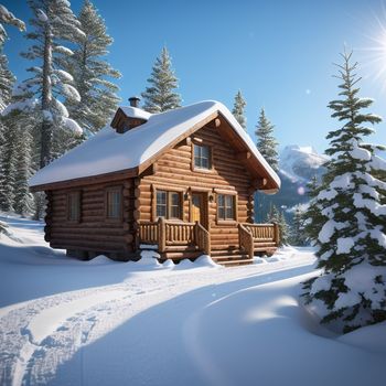 log cabin in the snow with a porch and a porch railing and a tree in the foreground