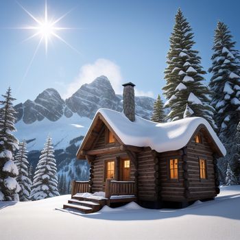 log cabin in the snow with a mountain in the background and a bright sun shining on the cabin