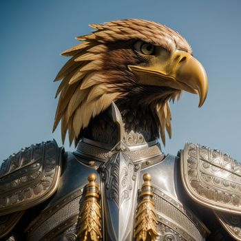 golden eagle wearing a armor and helmet with a blue sky in the background