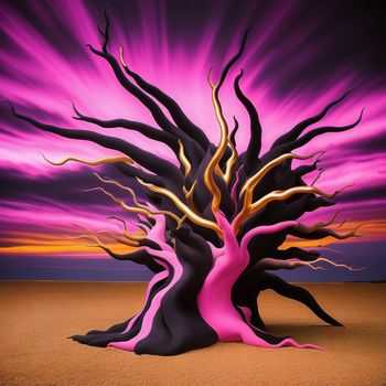 painting of a tree with a purple sky in the background and a pink and yellow background with a purple sky