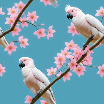 two white birds sitting on a branch with pink flowers in the background of a blue sky background with pink flowers