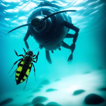 large insect is swimming in the water near a scuba diver's camera lens and a scuba diver's helmet