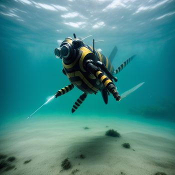 large yellow and black striped fish swimming in the ocean water with a camera attached to it's back