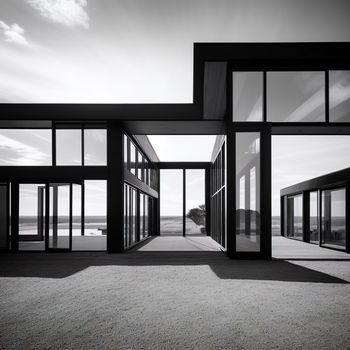 black and white photo of a hallway leading to a beach side building with large windows and a view of the ocean