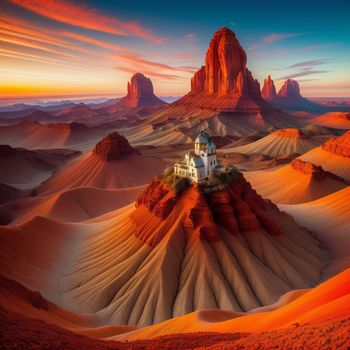 desert landscape with a house on a hill in the middle of it and a mountain in the background