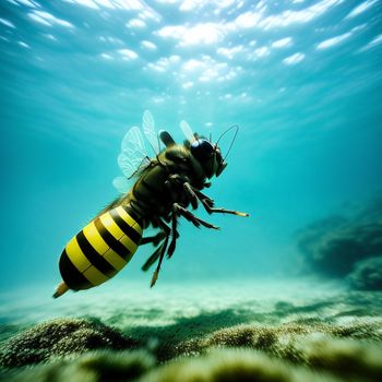 bee swimming in the ocean with a yellow and black striped body and black and white stripes on its body