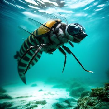 fish with a striped body swimming in the ocean water with a sponge on its back legs and a yellow and black striped head