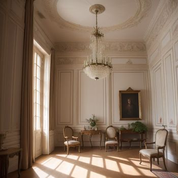 room with a chandelier and two chairs in it and a painting on the wall behind it