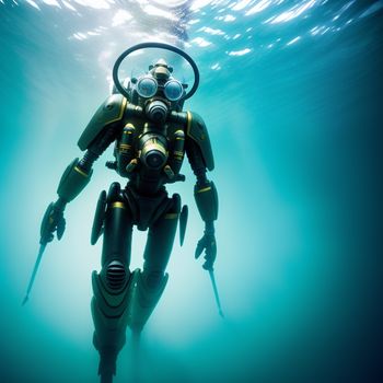 scuba diver in a blue ocean with a helmet and goggles on his head and a spear in his hand