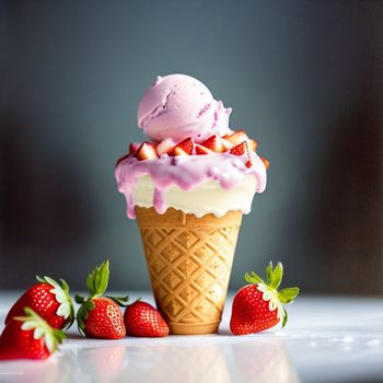 scoop of ice cream with strawberries on a table next to it and a cone of ice cream