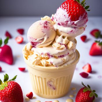 cupcake with ice cream and strawberries on a table with scattered strawberries around it and scattered petals