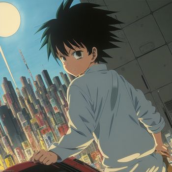 young man with black hair and a blue shirt is standing in front of a cityscape with a suitcase