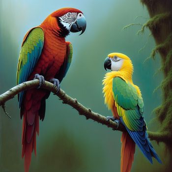 two colorful parrots sitting on a branch in a forest setting