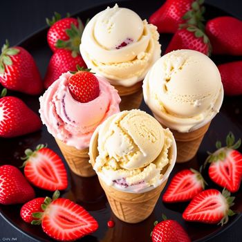 three ice cream cones with strawberries on a plate with a black background and a black plate with three ice cream cones and one with a strawberry on top