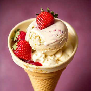 scoop of ice cream with strawberries on top of it in a cone on a purple background with a pink background