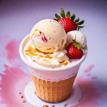 cup of ice cream with strawberries on top of it and a spoon in it with a spoon