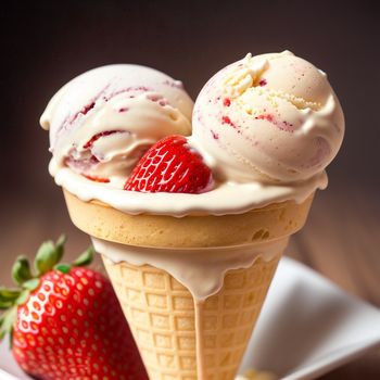 two ice cream cones with strawberries on a plate on a table with a dark background and a white plate with a strawberry on it