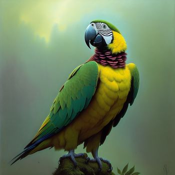 colorful parrot perched on a branch with a sky background behind it and a green background behind it