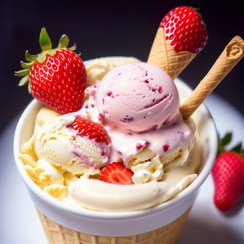 bowl of ice cream with strawberries on top of it and a spoon in the bowl with ice cream