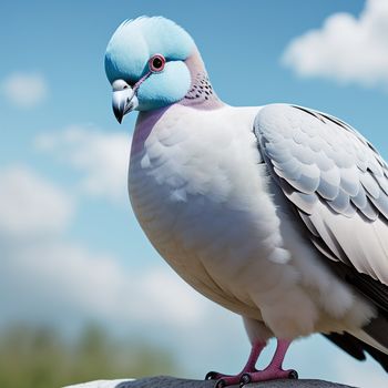 bird with a blue head and white wings sitting on a rock with a sky background and clouds in the background