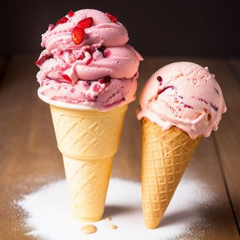 two ice cream cones with strawberries on top of them on a table with powder scattered around them and a spoon