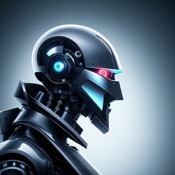 robot with a helmet and a light on its face is looking at something in the distance with a blue light on its face