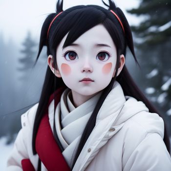 girl with long black hair and red eyes wearing a white coat and a red scarf with horns on her head