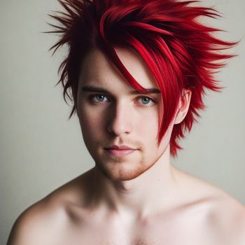 man with red hair and a shirtless shirt on is looking at the camera with a serious look on his face