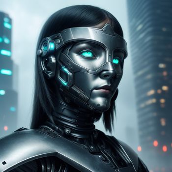 woman in a futuristic suit with glowing eyes and a futuristic helmet on her head