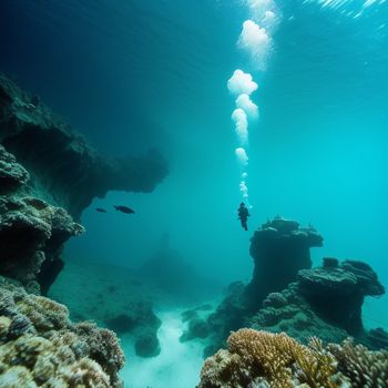 person swimming in the ocean with a long line of corals on the bottom of the water and a scuba diver in the background