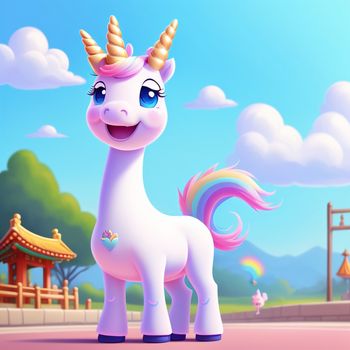 cartoon unicorn standing in front of a park with a pagoda and pagoda in the background and a rainbow in the foreground