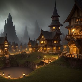 fantasy village with a pond and a lot of lights in the dark sky above it is a dark foggy sky